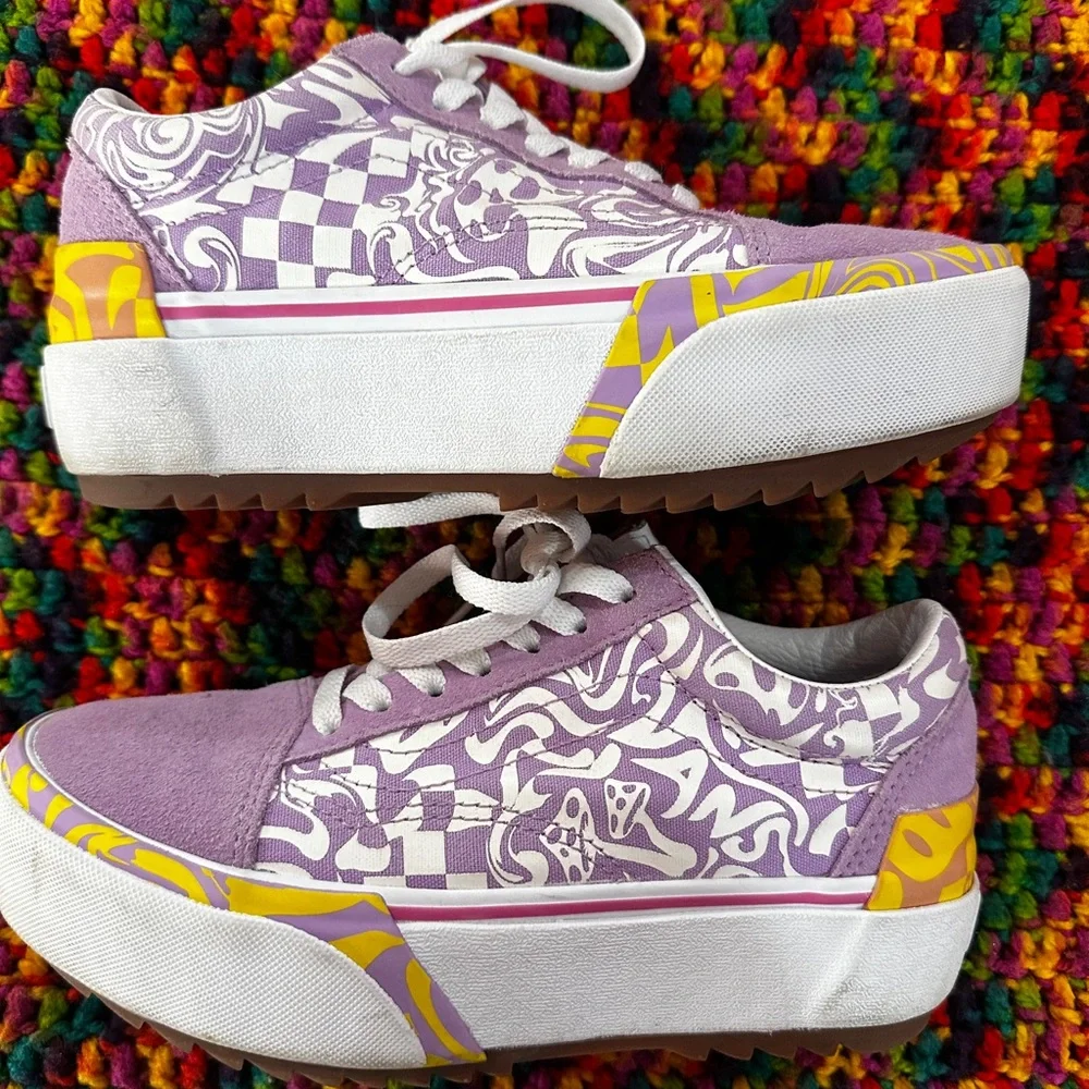 🦄Vans Purple and White Swirly Trippy Chekered Stackform Platform Sneakers🦄 - Picture 4 of 8